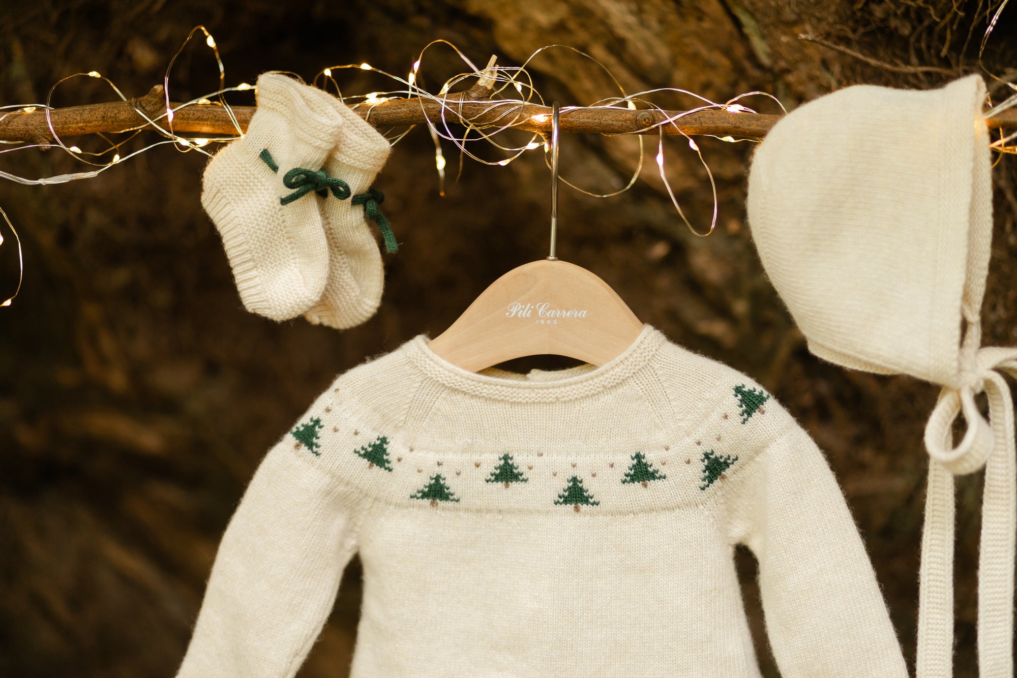 Button Back Ivory Knitted Sweater with Christmas Tree Details