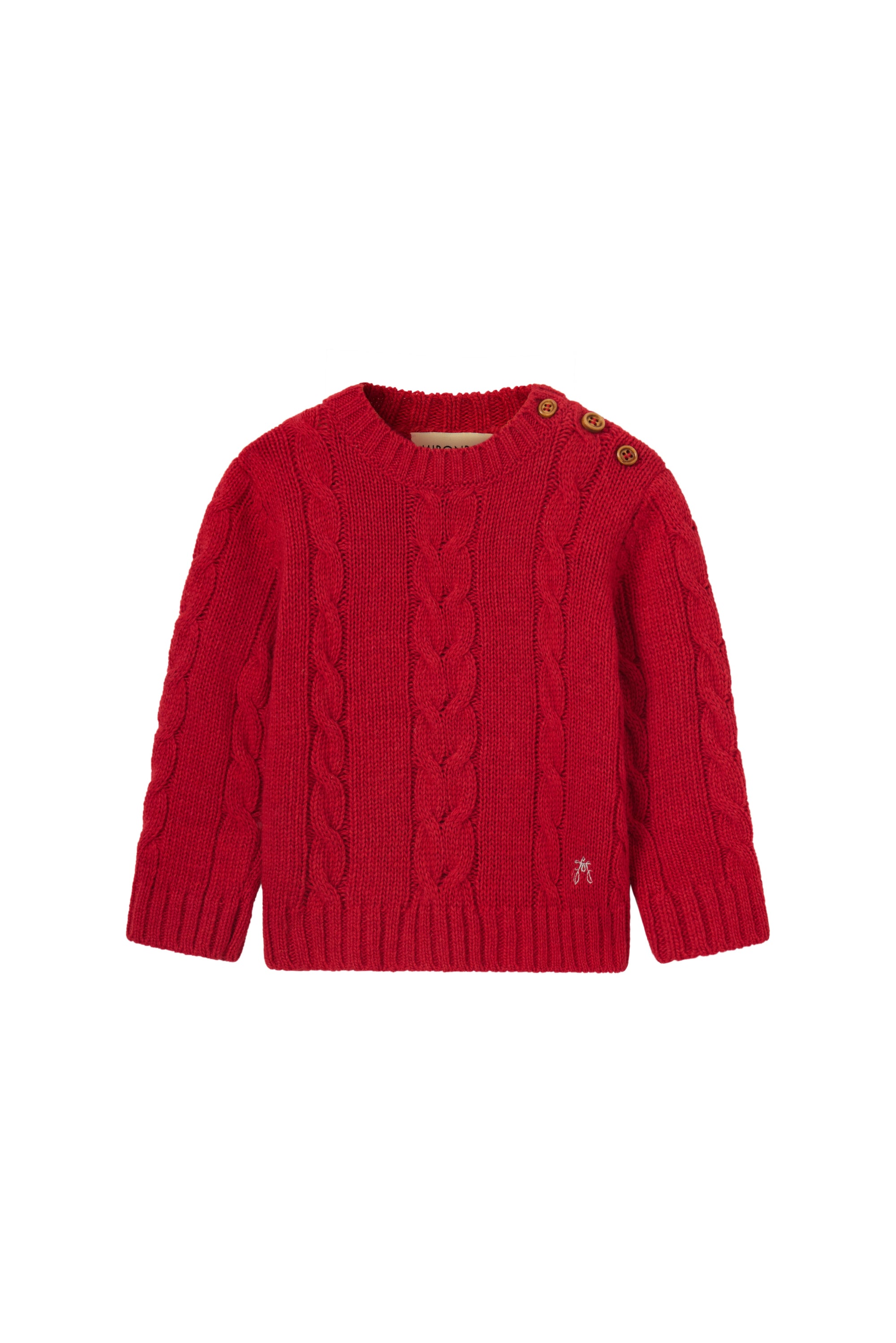 Red cable knit sweater with button details on a white background