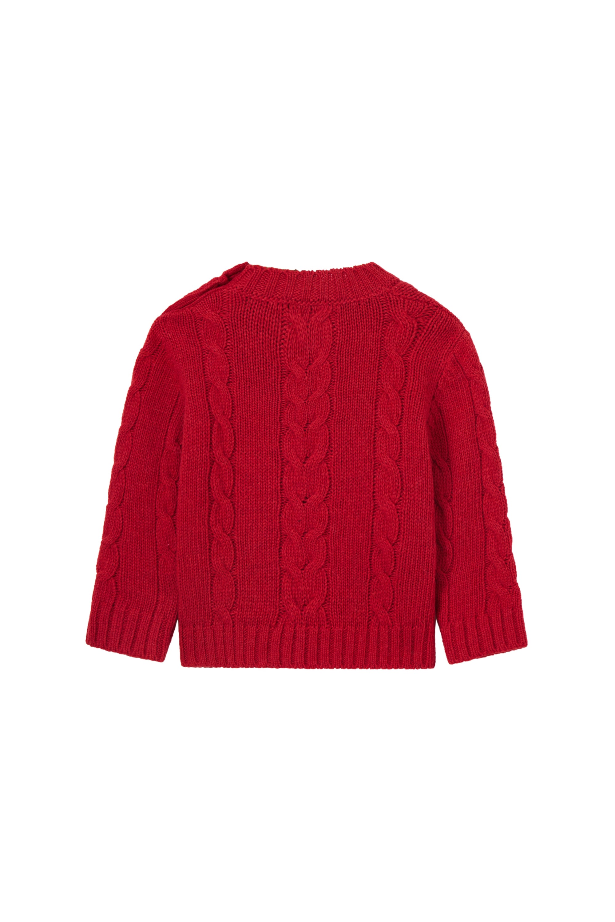 Red cable knit sweater on a white background