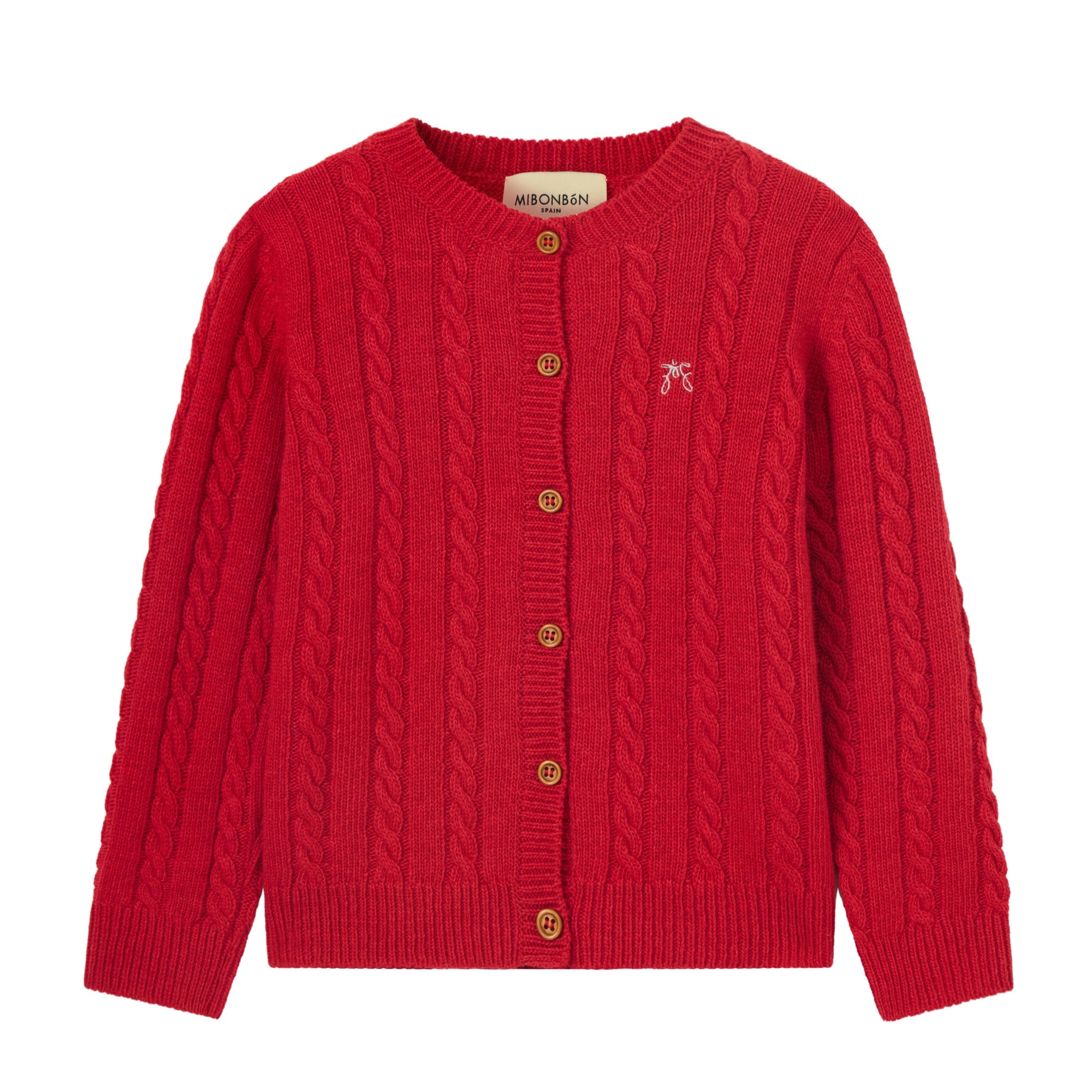 Red cable knit cardigan with gold buttons on a white background