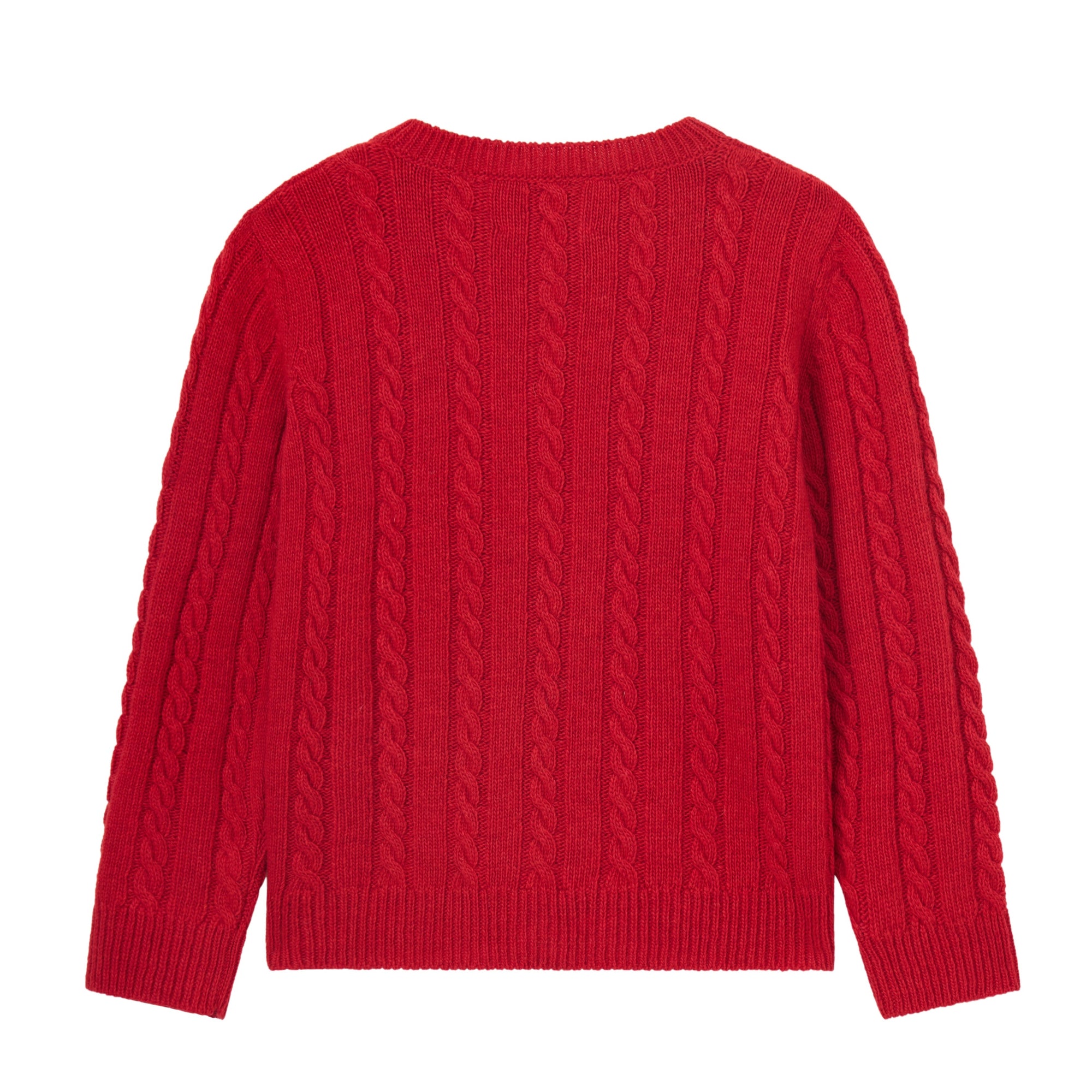 Red cable knit sweater on a white background