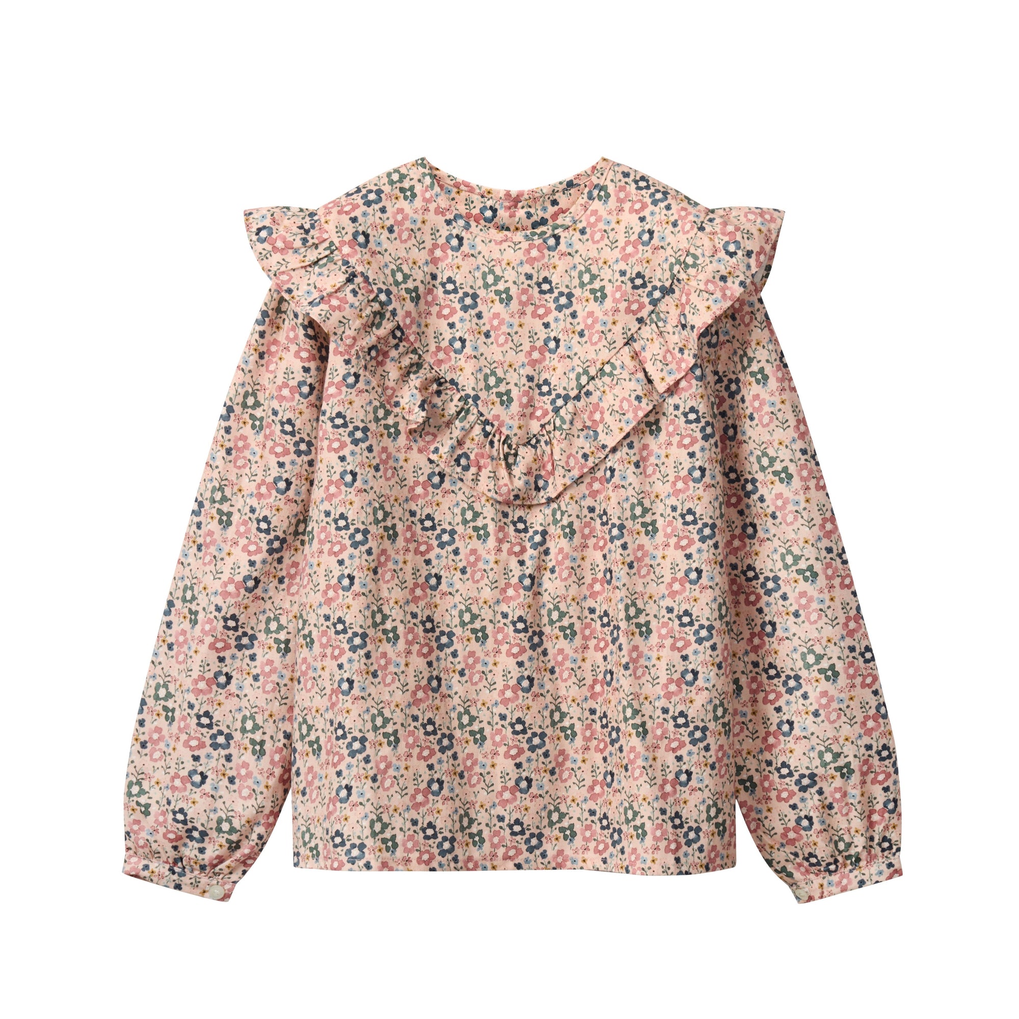 Floral blouse with ruffled shoulders on a white background