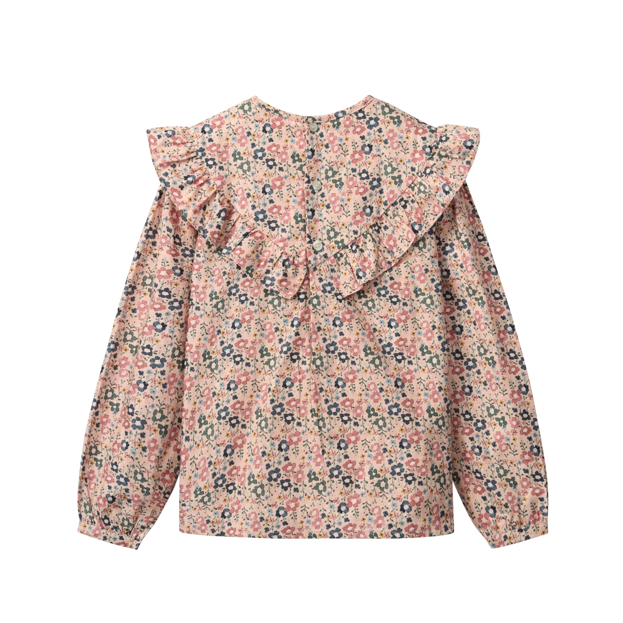 Floral blouse with ruffled collar on a white background