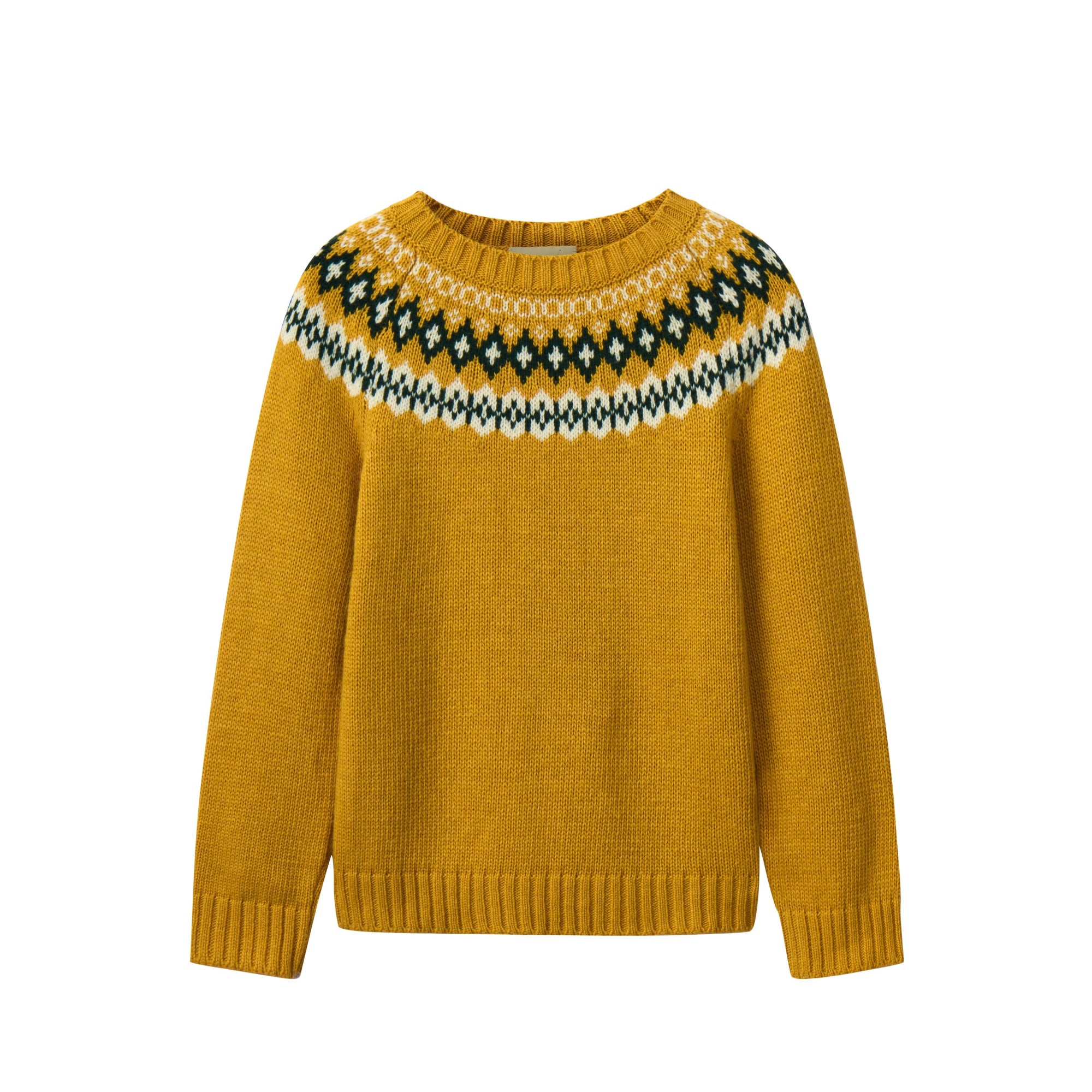 Mustard yellow sweater with a patterned neckline on a white background
