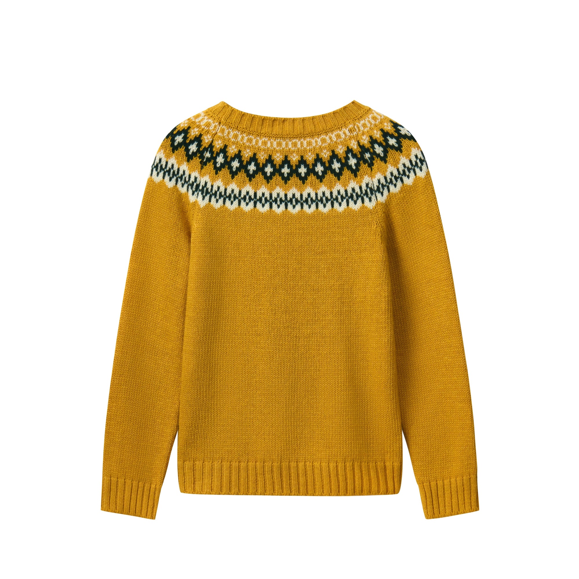 Mustard yellow sweater with a patterned neckline on a white background