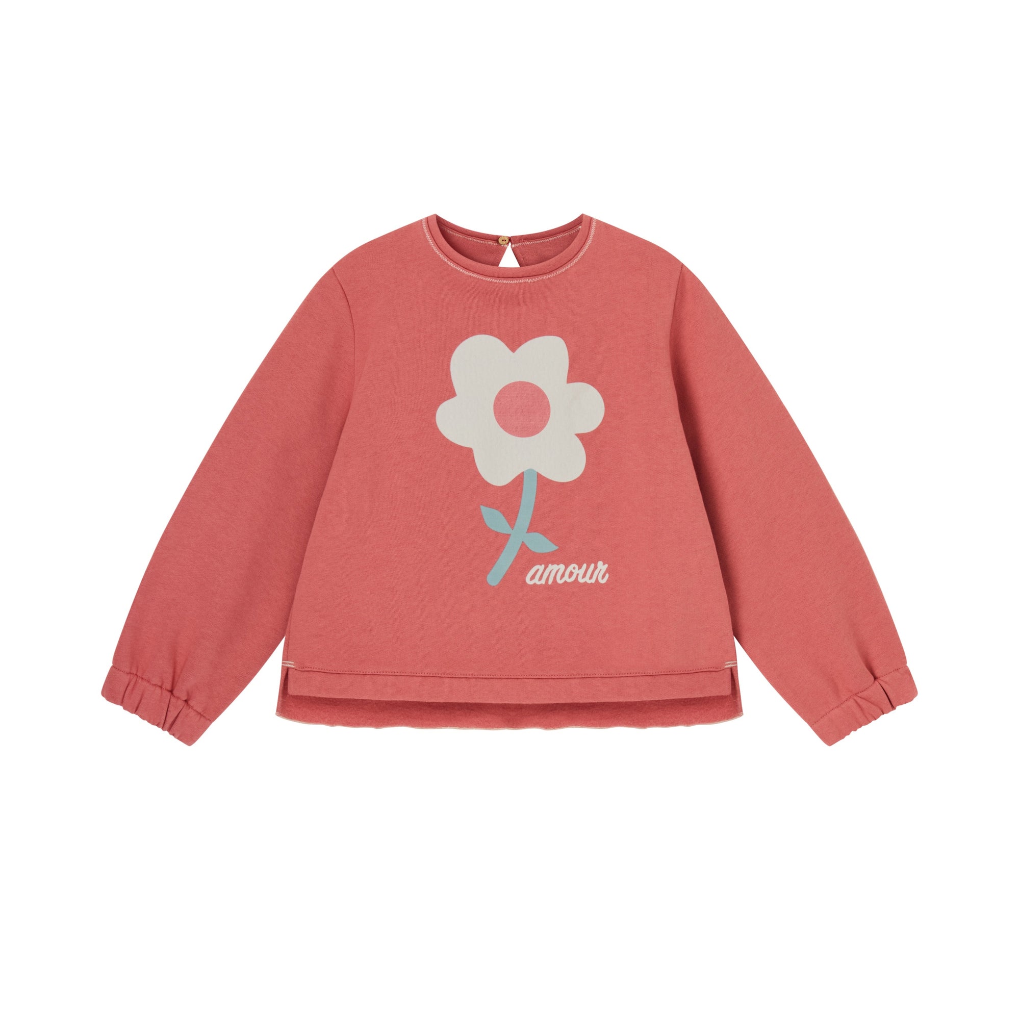 Red sweatshirt with a white flower graphic on a white background