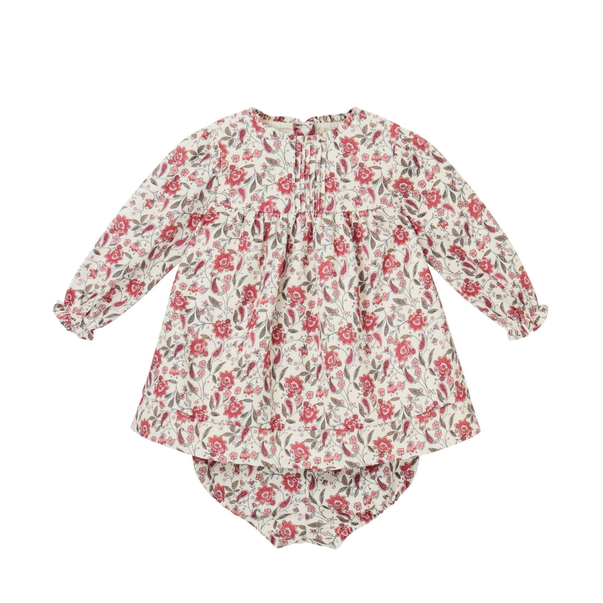 Floral baby outfit with long-sleeve top and bloomers on a white background