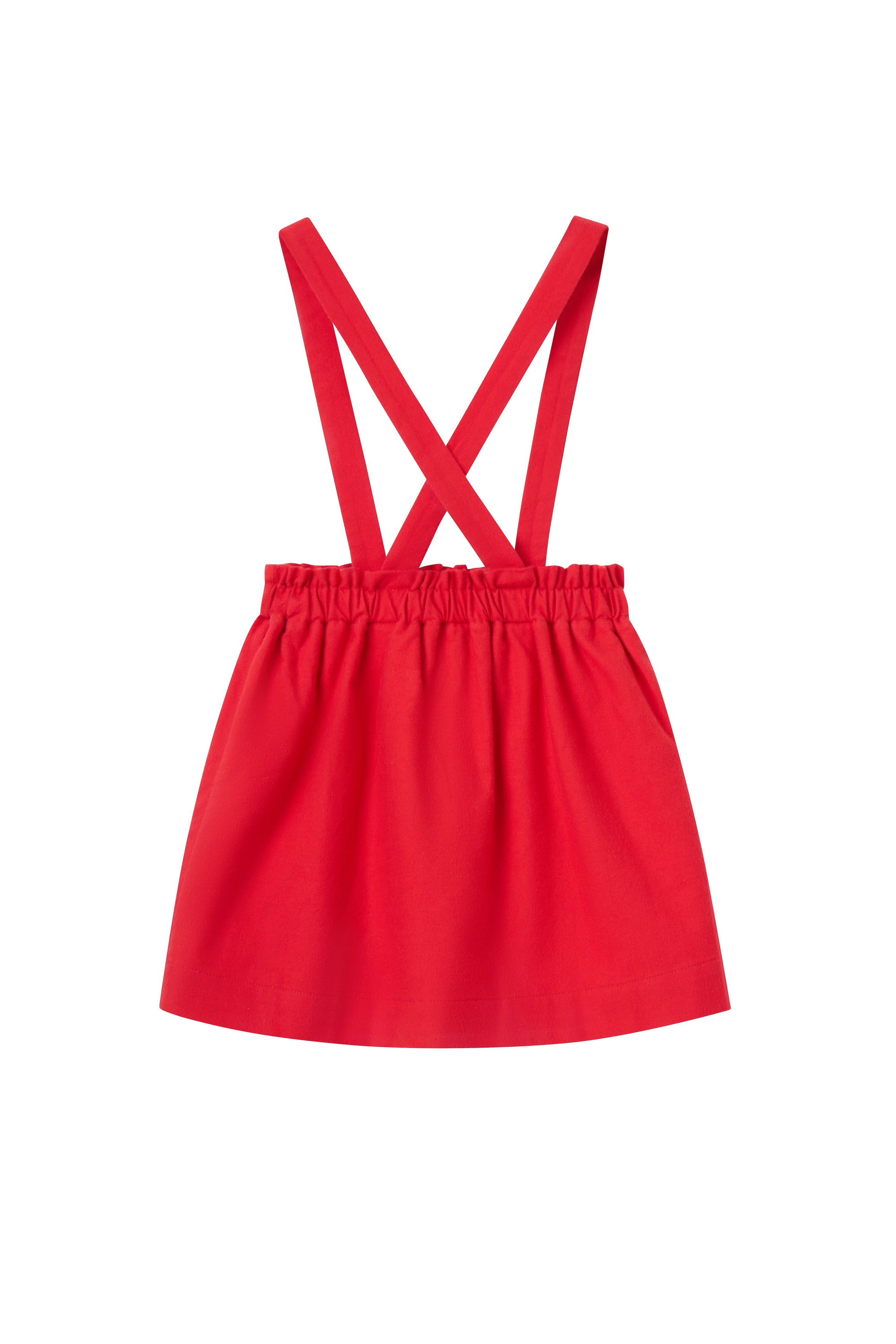 Red top with suspenders on a white background