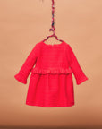 Red Tweed Waisted Ruffle Dress