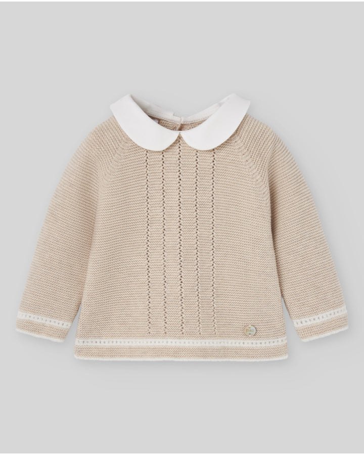 Light brown Knitted sweater with white neck