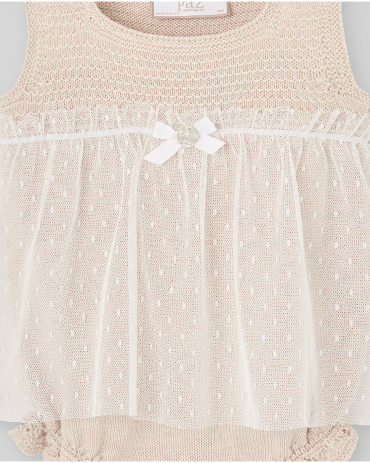 Knitted baby bodysuit with plumeti tulle overlay