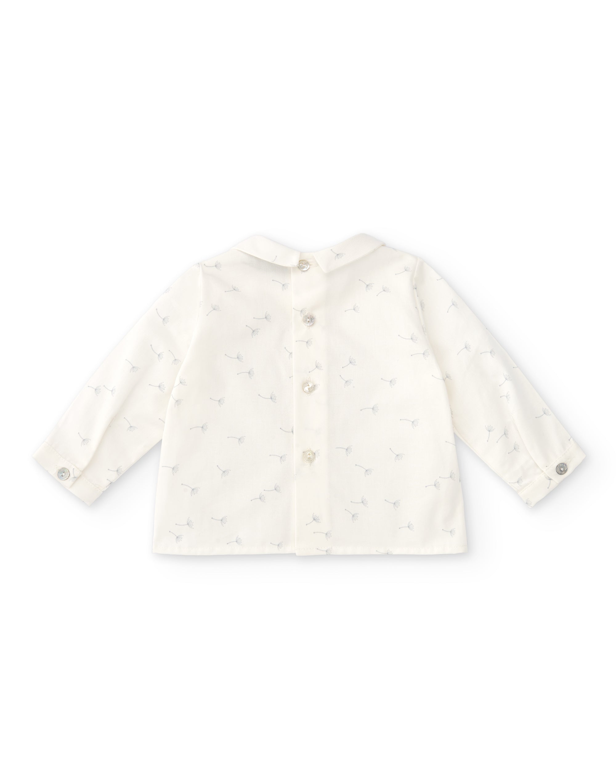 Back Button White Cotton Shirt with light blue leaves