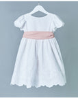 EMBROIDERED PLUMETI DRESS WITH PINK BORDER AND BOW