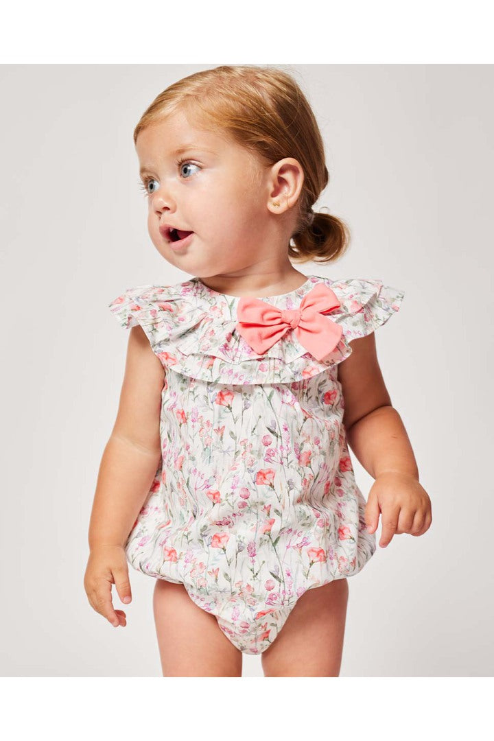 Pink Ruffled romper with Pink Flower Bow for Little Girl