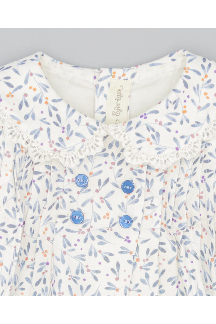 Blue viella dress with leaf print and pintucks