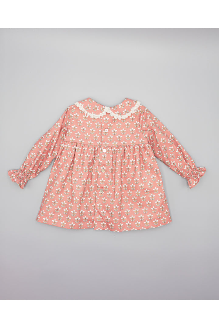 Garnet flannel dress with exclusive floral print.