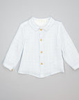 A light blue and white gingham long-sleeve button-up shirt for toddlers, featuring a Peter Pan collar and gold buttons, laid flat on a neutral gray background.
