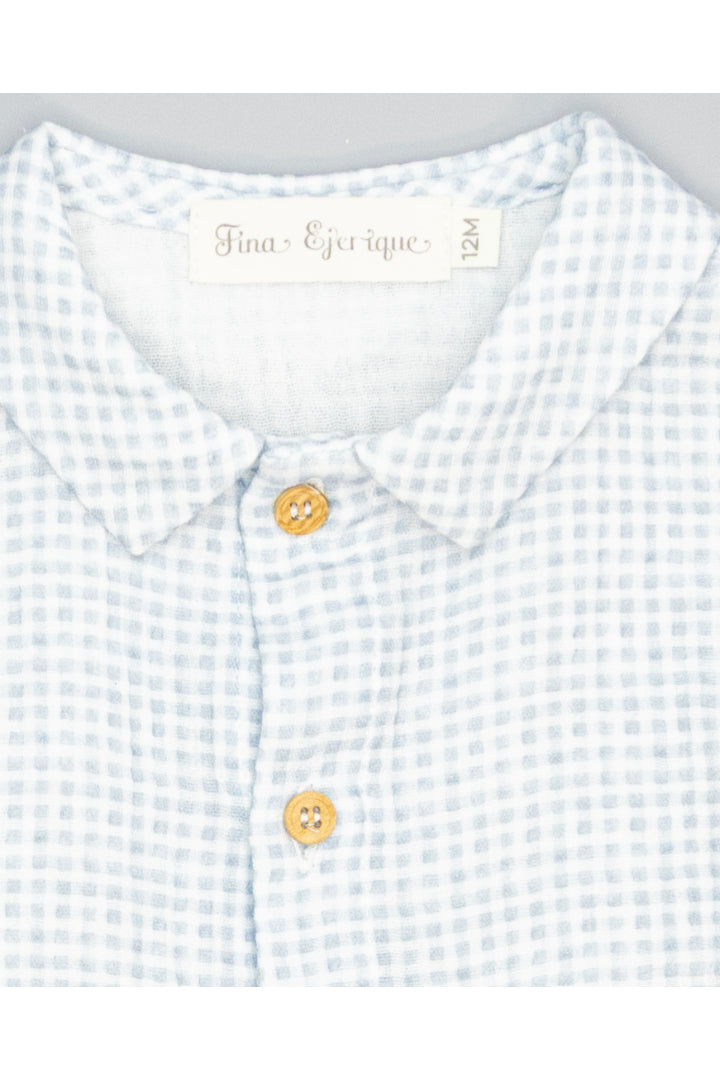 BLUE COTTON GINGHAM SHIRT WITH COLLAR AND WOODEN BUTTONS