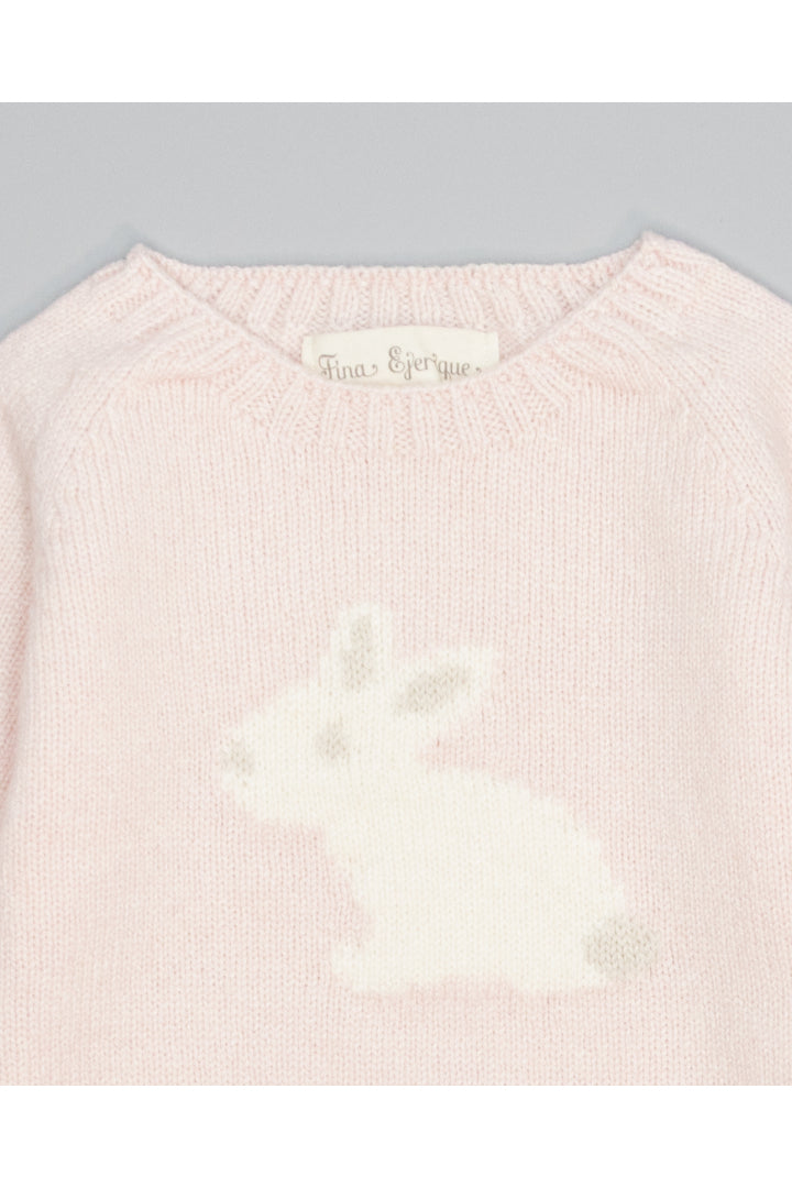 PINK CASHMERE SWEATER WITH BEIGE AND GREY BUNNY