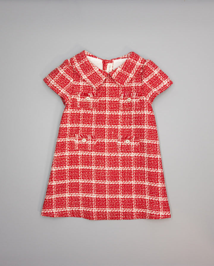RED CHECK TWEED DRESS WITH POCKET FLAPS