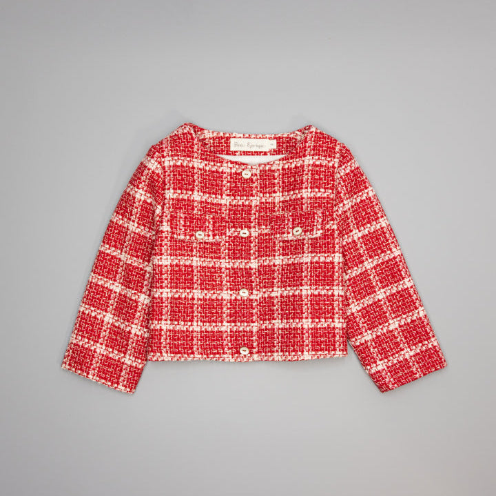 RED CHECK TWEED JACKET WITH GOLD AND PEARL BUTTONS