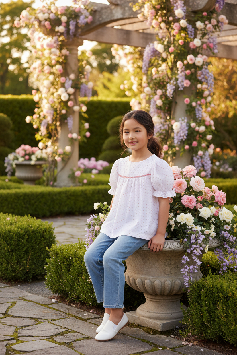 7-year-old Asian girl in white polka dot blouse with light blue jeans