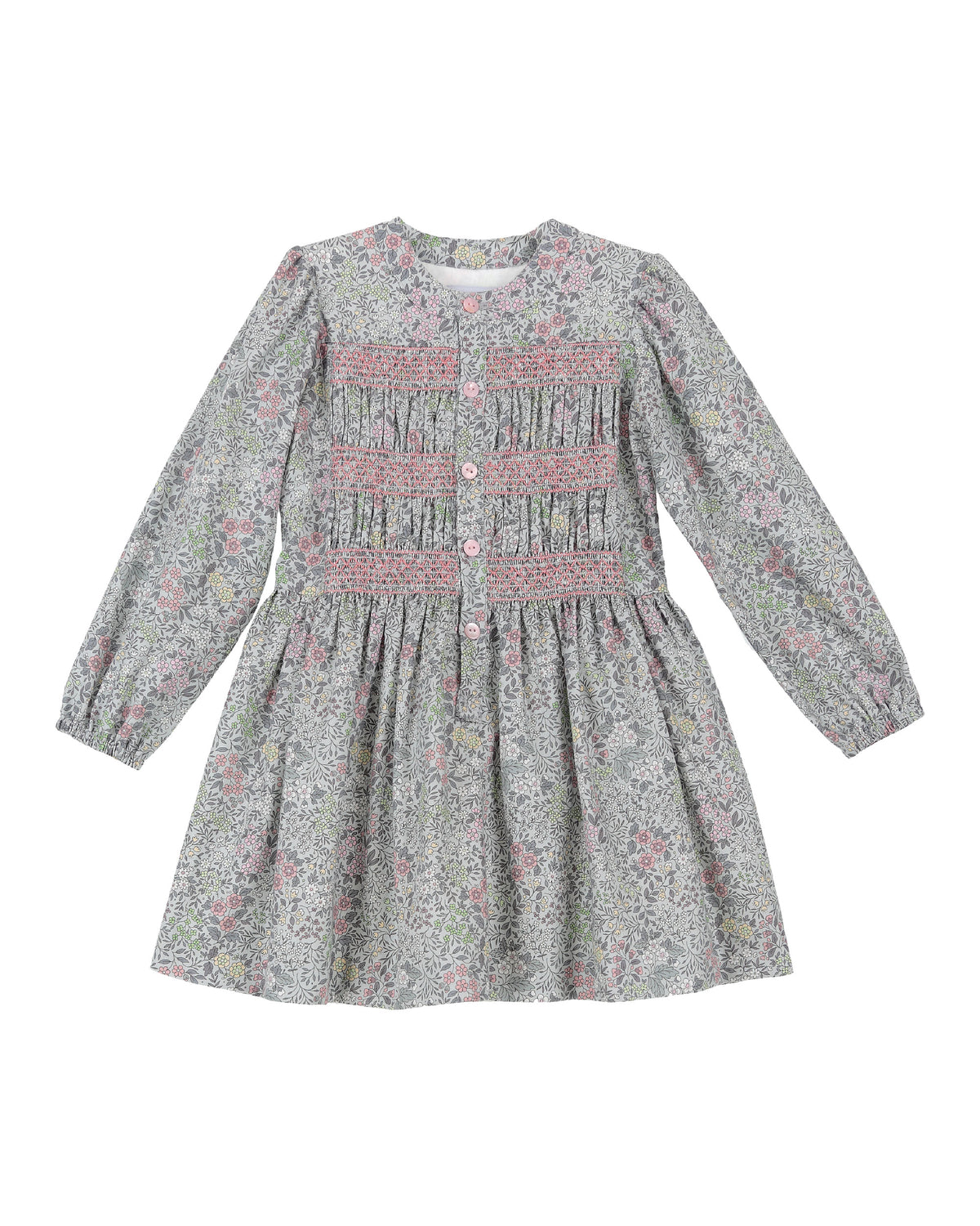 FLORAL GREEN AND PINK LONG SLEEVE DRESS