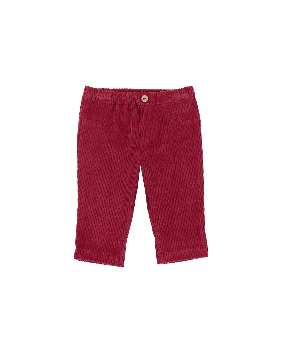 A pair of toddler's corduroy pants in a deep burgundy red, featuring an elastic waistband and a single button closure, shown flat on a white background.