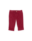 A pair of toddler's corduroy pants in a deep burgundy red, featuring an elastic waistband and a single button closure, shown flat on a white background.
