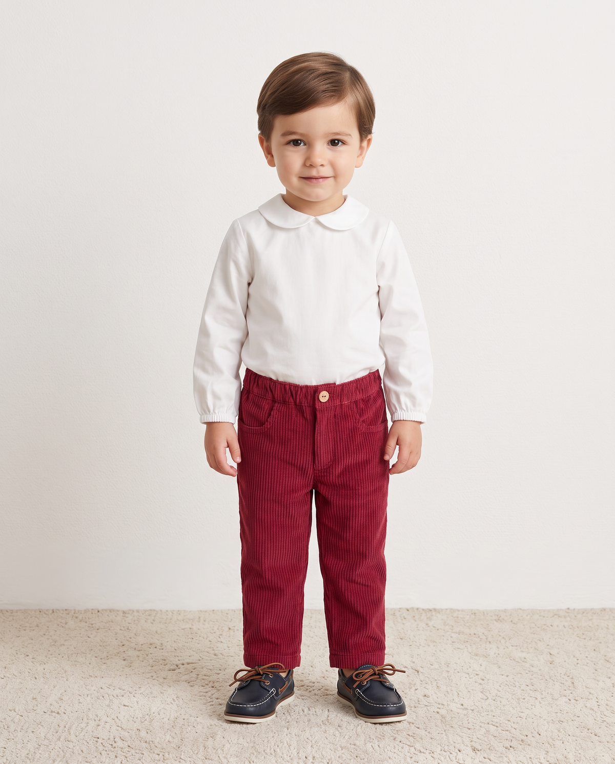 Corduroy pants in a deep burgundy red