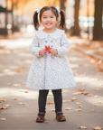 Blue viella dress with leaf print and pintucks