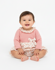 PINK KNIT ROMPER WITH FLORAL PRINTED FABRIC