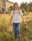 Girls Heart Embroidery Puff Sleeve Blouse
