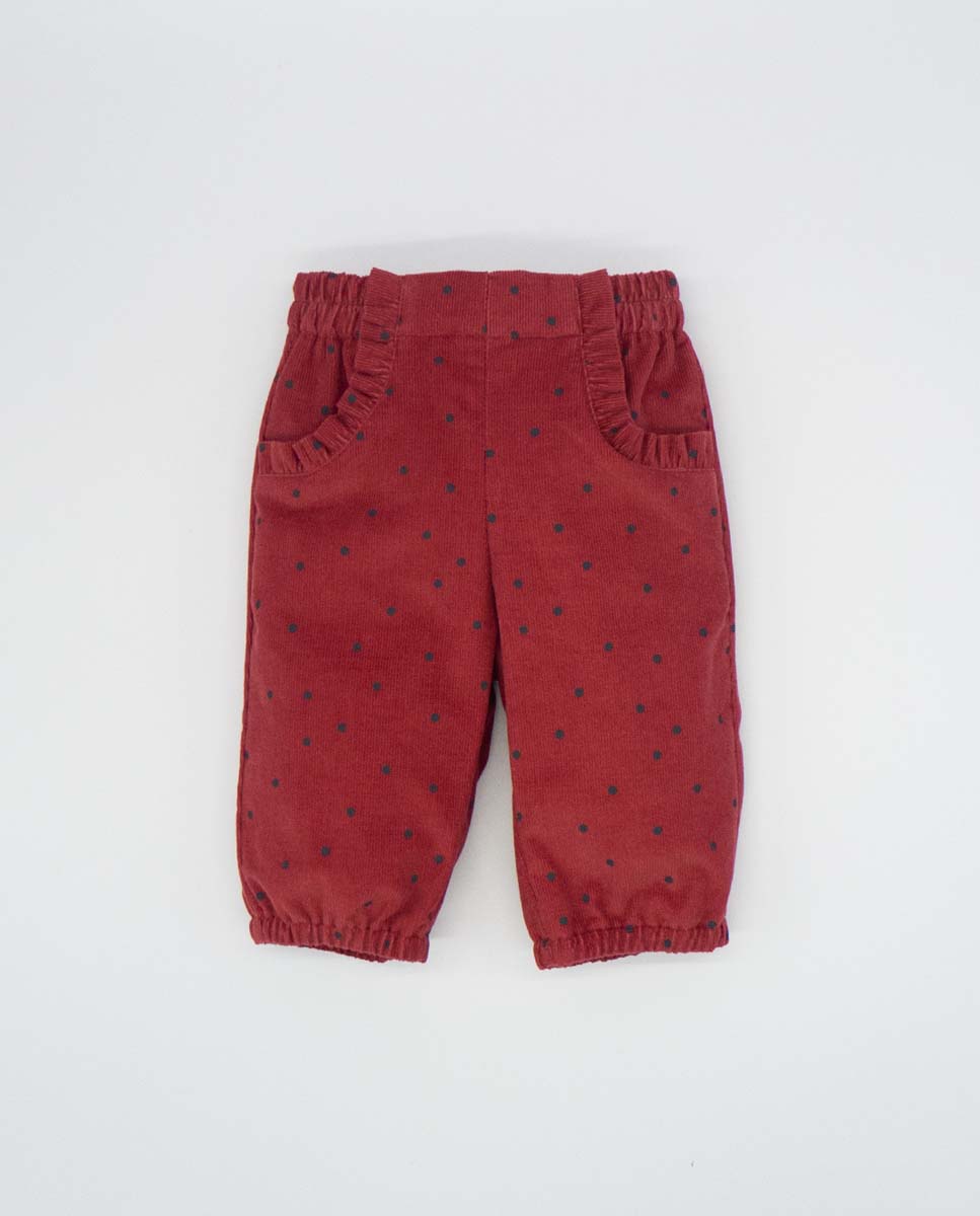 Red Velvet-Corduroy Trousers with Grey Polka Dots