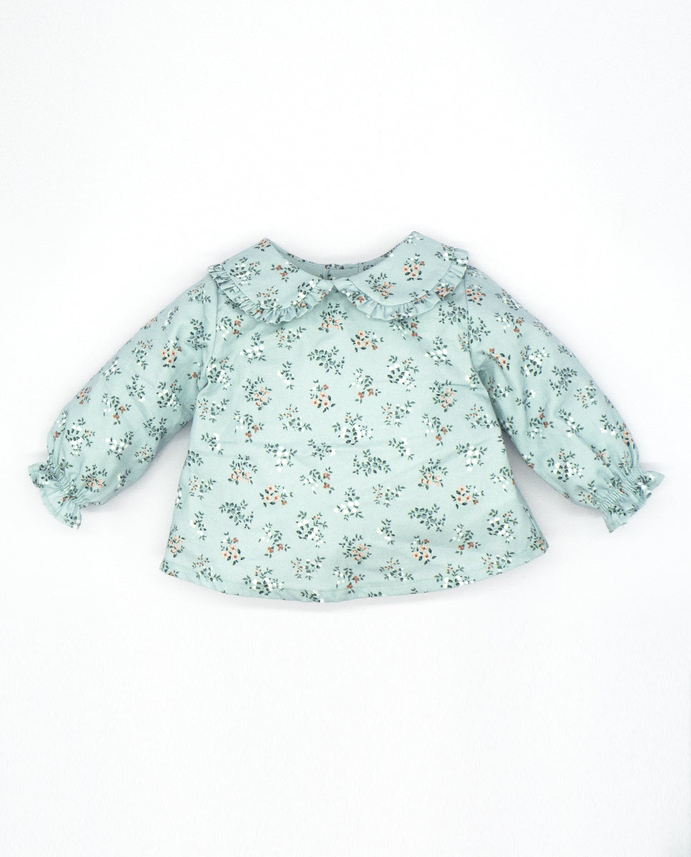 Button Back Blue Floral Blouse with Claudine collar