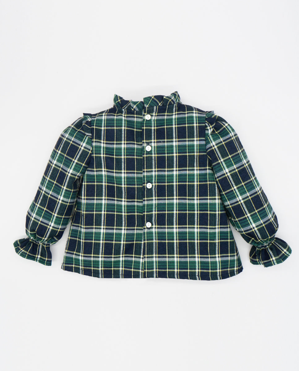 Dark Green & Blue Cotton Tartan Ruffles Blouse – MIBONBóN