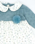 BLUE PRINTED DRESS WITH POMPOM