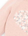 PINK SWEATER WITH BLUE AND WHITE FLOWERS HEART