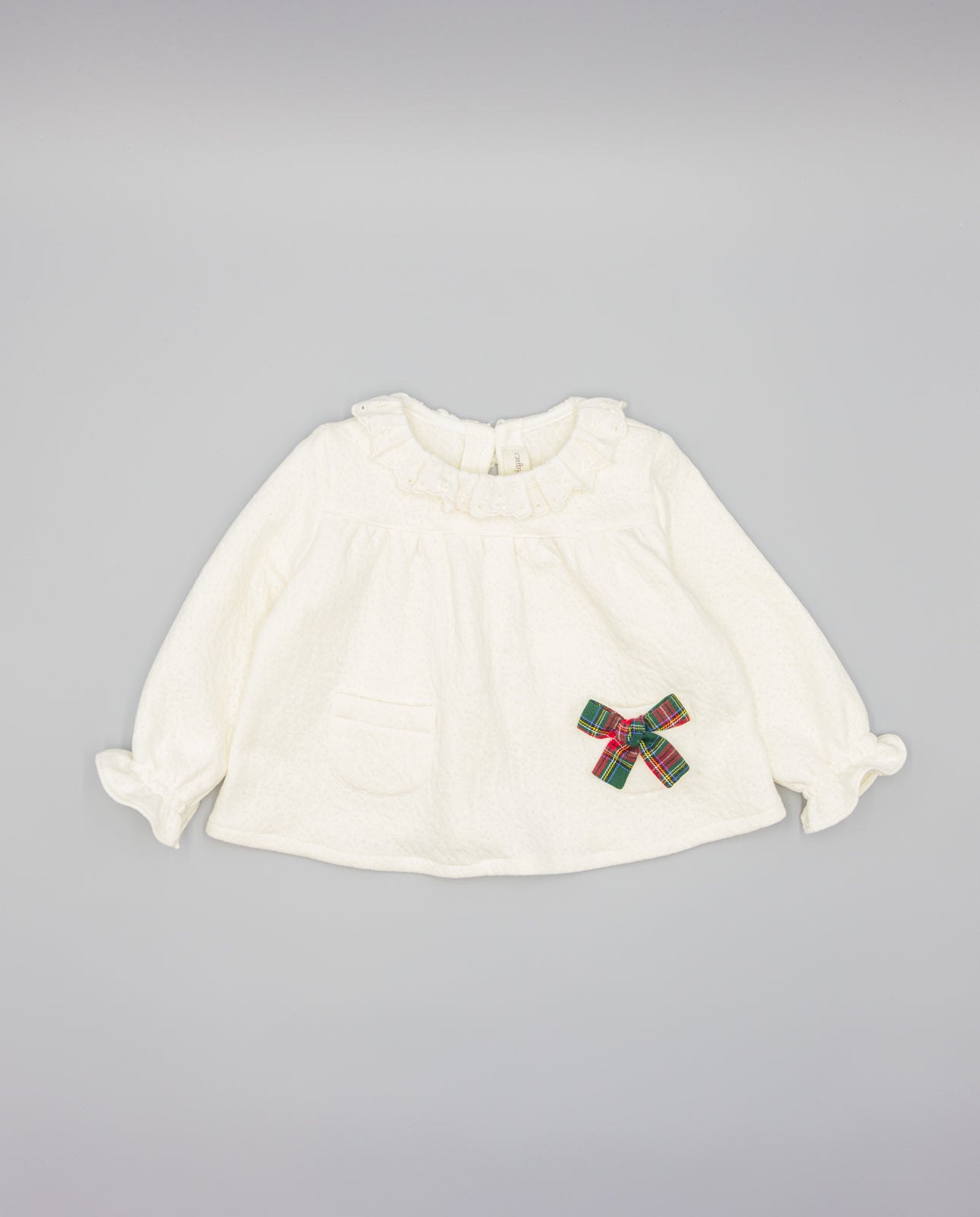 WHITE COTTON SWEATER WITH CHECKERED VIELLA COLLAR