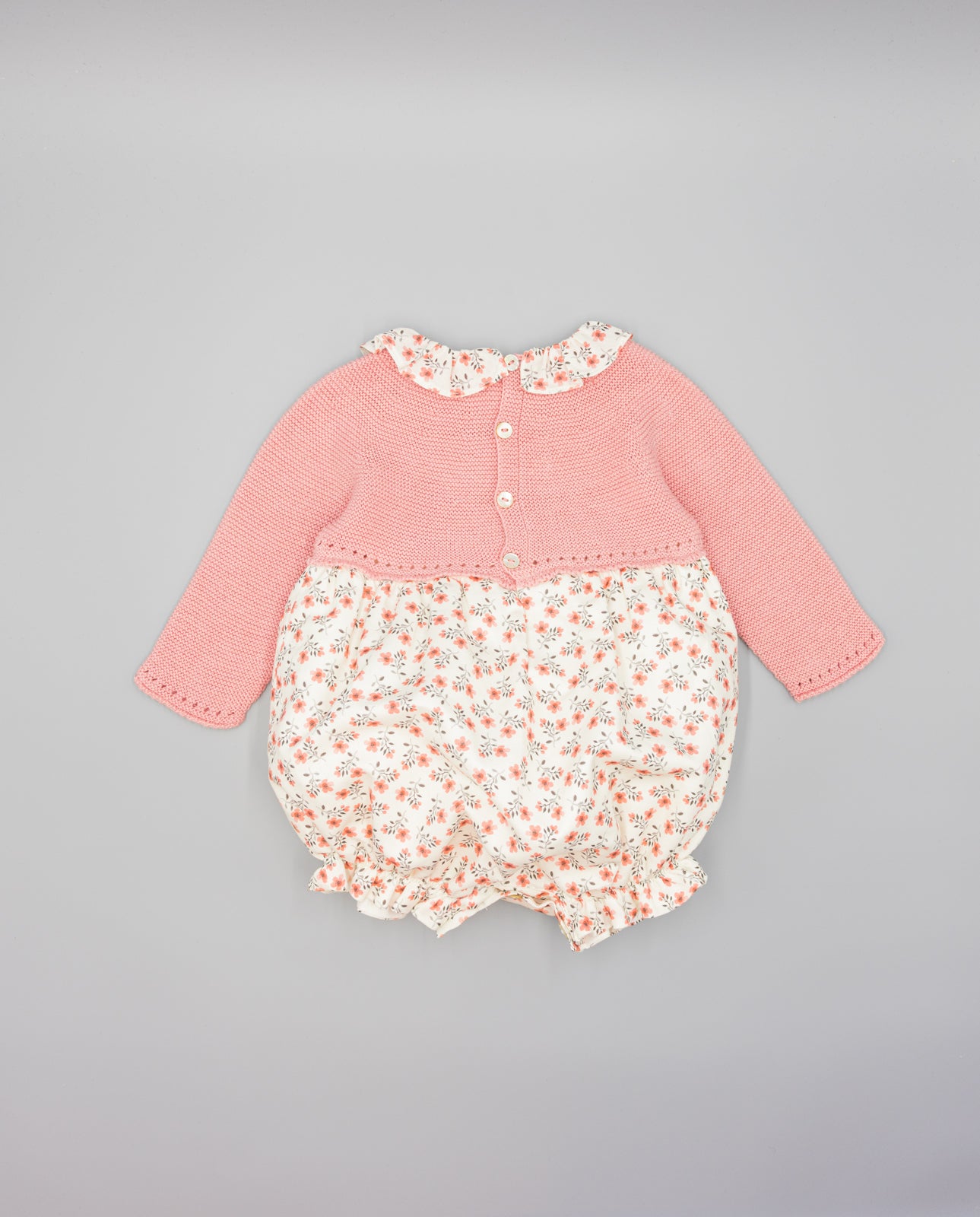 PINK KNIT ROMPER WITH FLORAL PRINTED FABRIC