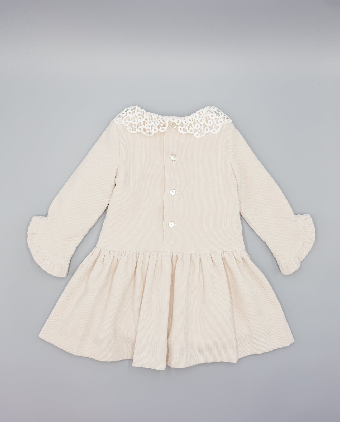 GIRL&#39;S BEIGE CORDUROY DRESS WITH GUIPURE COLLAR