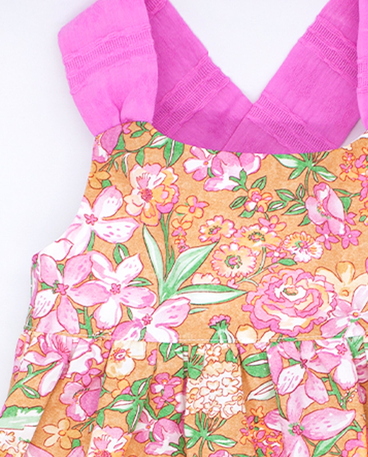 Ochre poplin midi dress with pink flowers