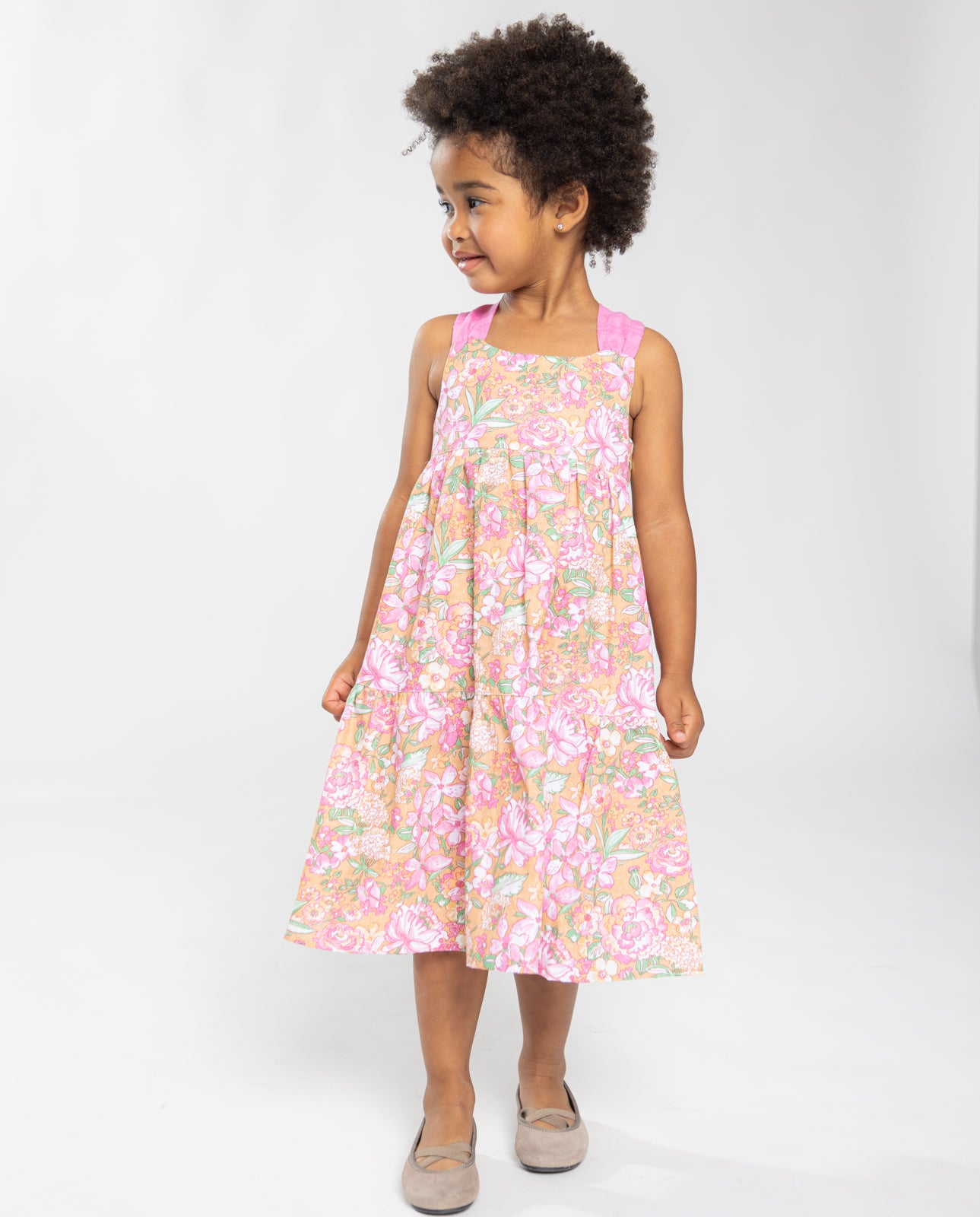 Ochre poplin midi dress with pink flowers