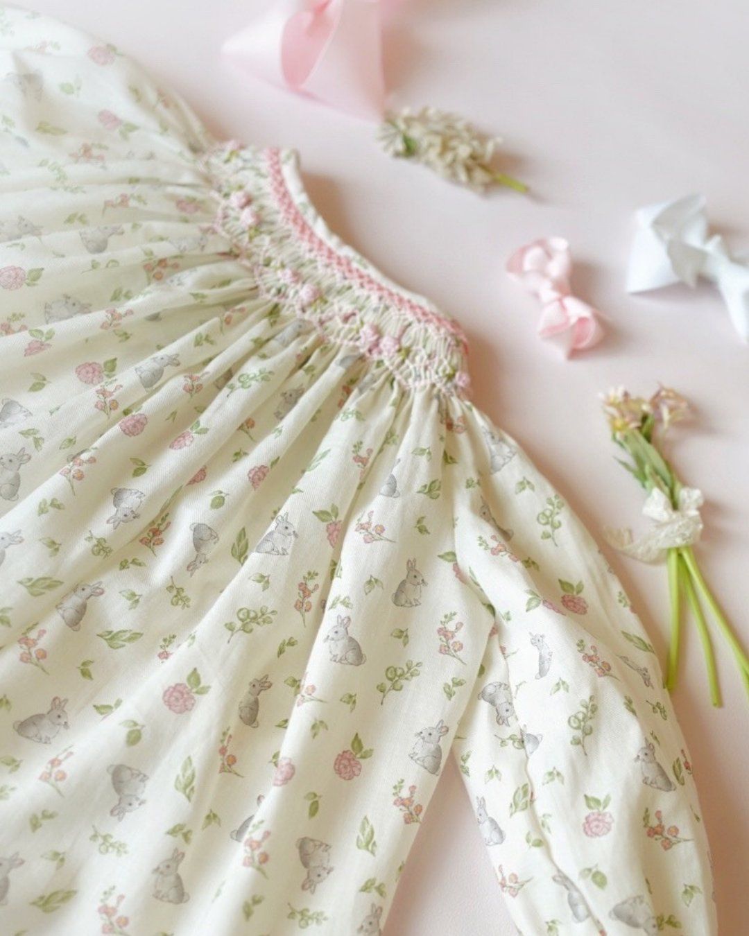 MIBONBON BUNNIES HANDSMOCKED BABY DRESS