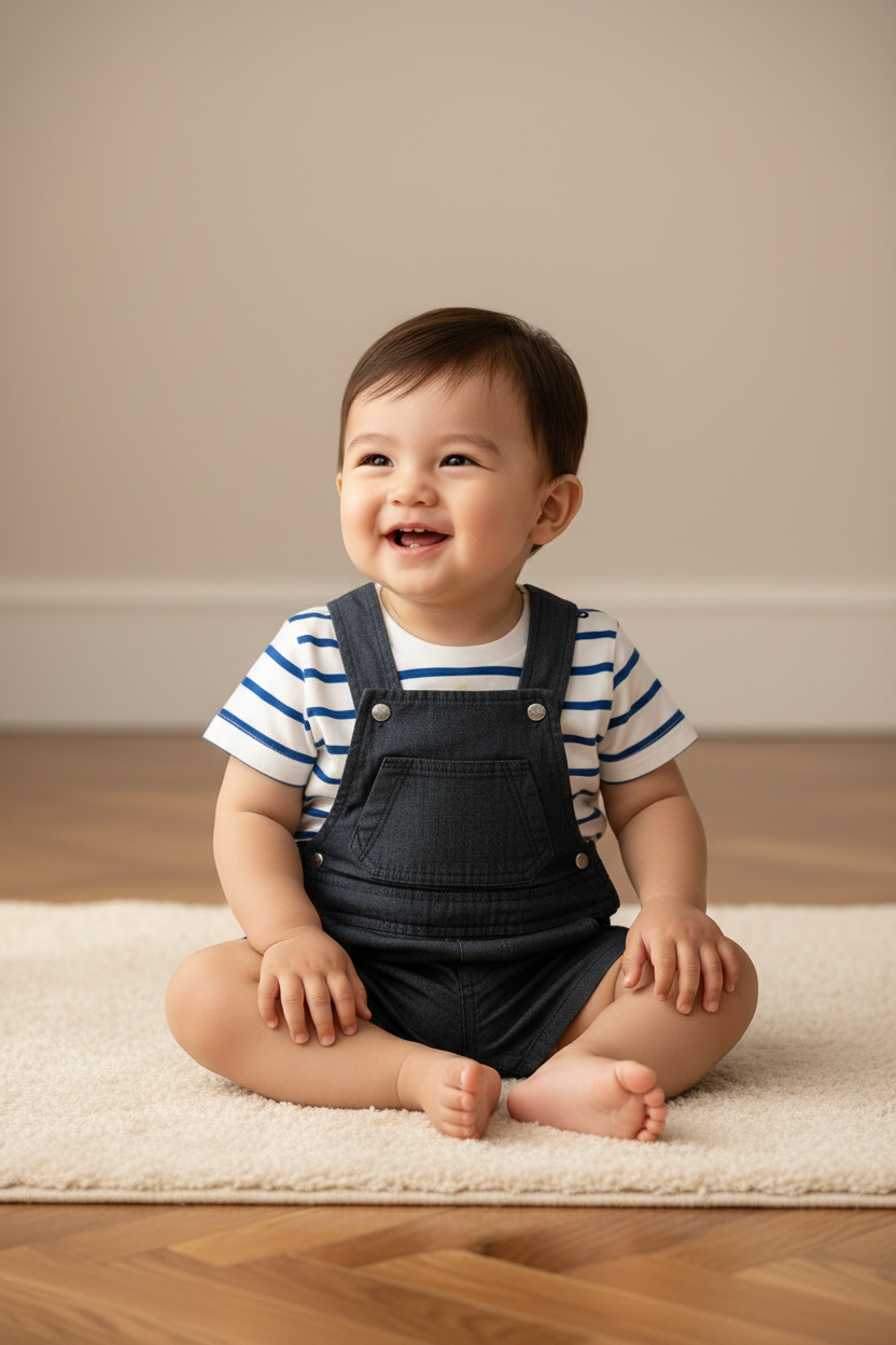 Asian baby boy in blue stripe star tee with navy denim dungaree shorts