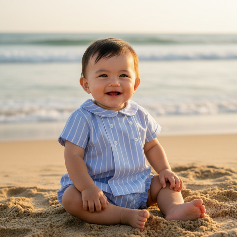 Asian baby boy in blue striped set smiling at the beach