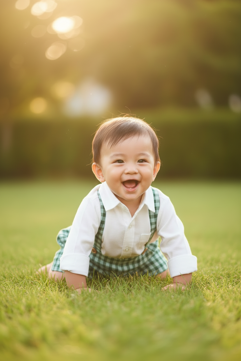 Asian Baby Boy in Gingham Suspender Shorts with White Shirt