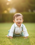 Asian Baby Boy in Gingham Suspender Shorts with White Shirt