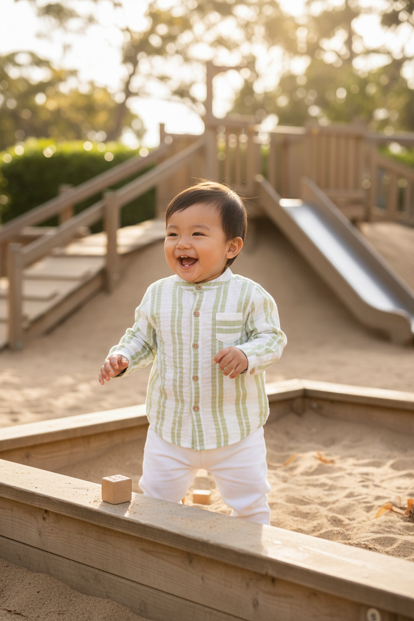 Asian baby boy in green striped shirt outdoor play area