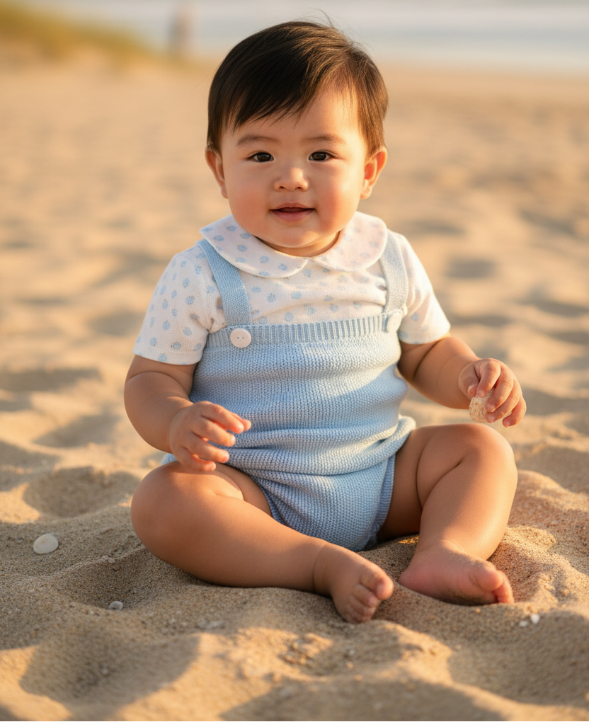 Asian baby boy in light blue knitted romper with polka dot shirt seated on sand